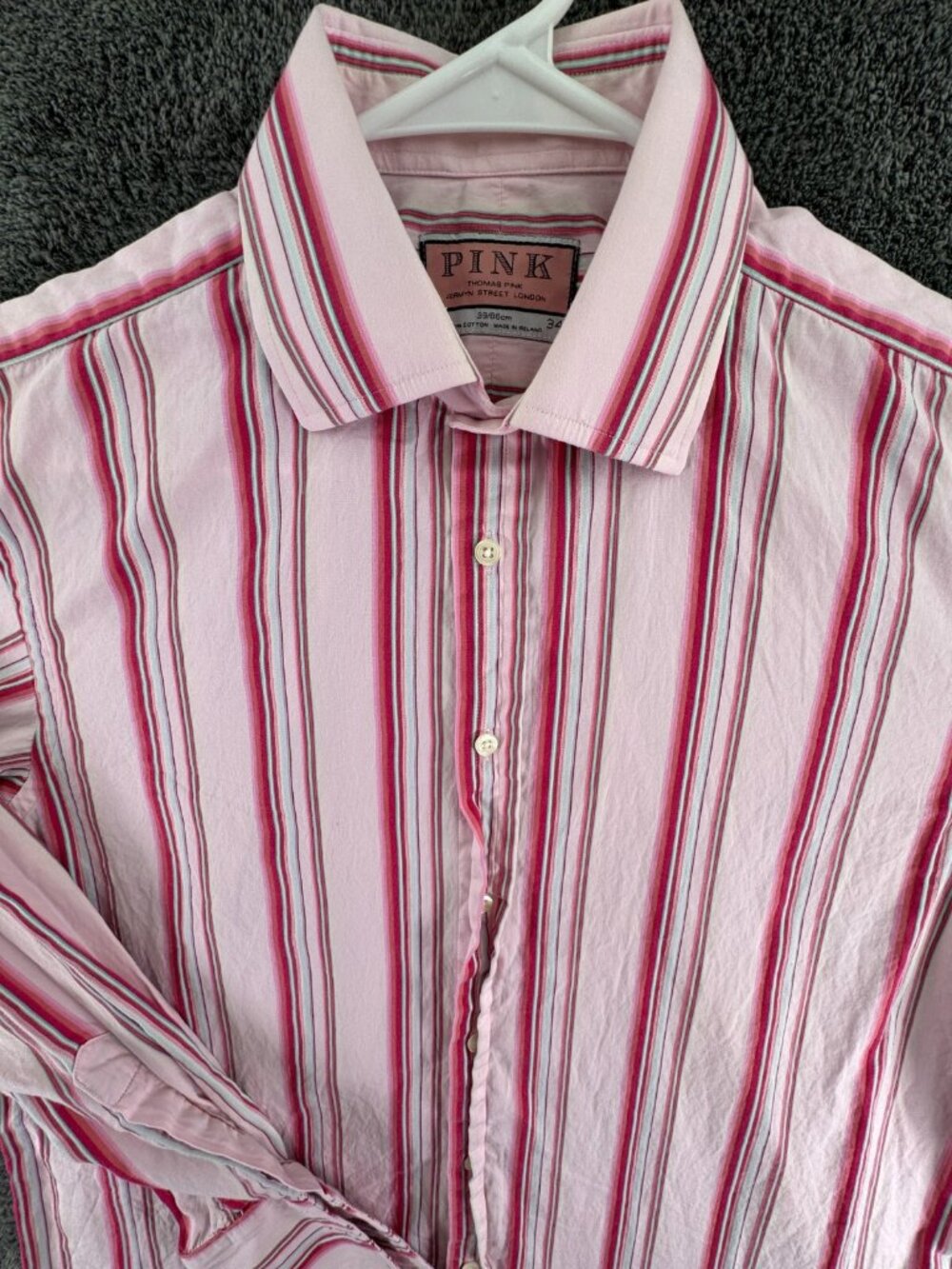 Thomas Pink Long Sleeve Button Up Shirt Men 15.5 34 Pink Striped Cotton Adult